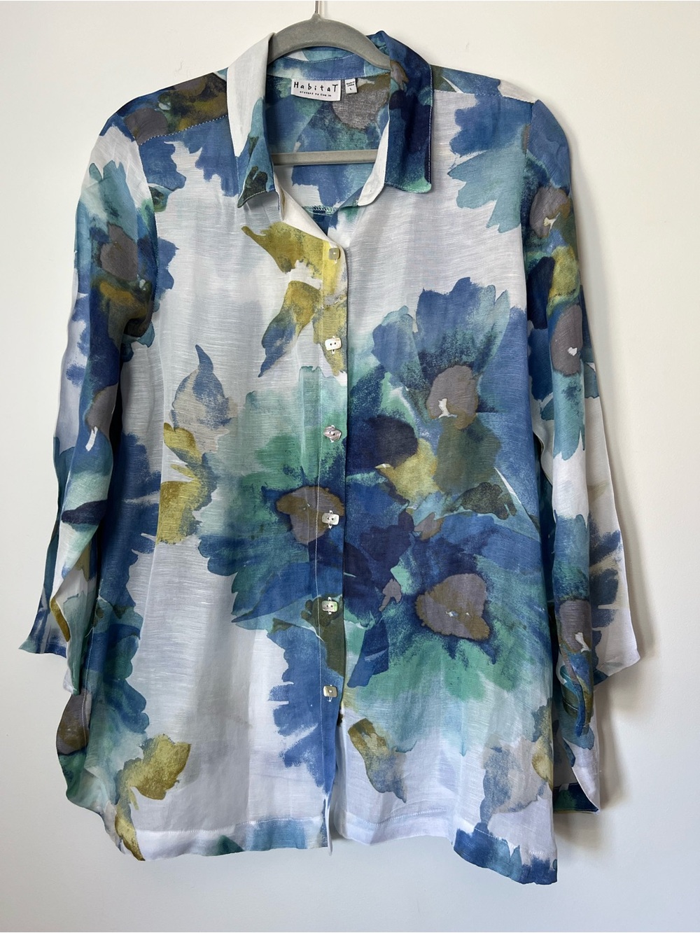 Habitat 2 Piece Button-Front Shirt & Tank Watercolor Floral Spring Linen Blend - Picture 3 of 16
